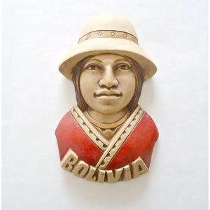 Vintage Bolivia Woman Wall Plaque Chalk Ware Signed by Artist 1960's